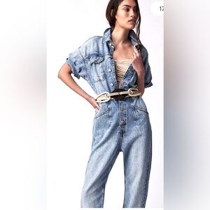 Free People Marci Blue Denim Jeans short Sleeves Jumpsuit. Size L